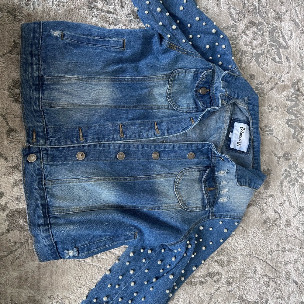 Blue Denim Jacket with Pearl Accents